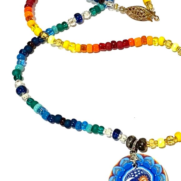 Handmade Rainbow Moon & Sun Yin & Yang Fimo Polymer Clay Seed Bead Boho Necklace - Picture 6 of 7